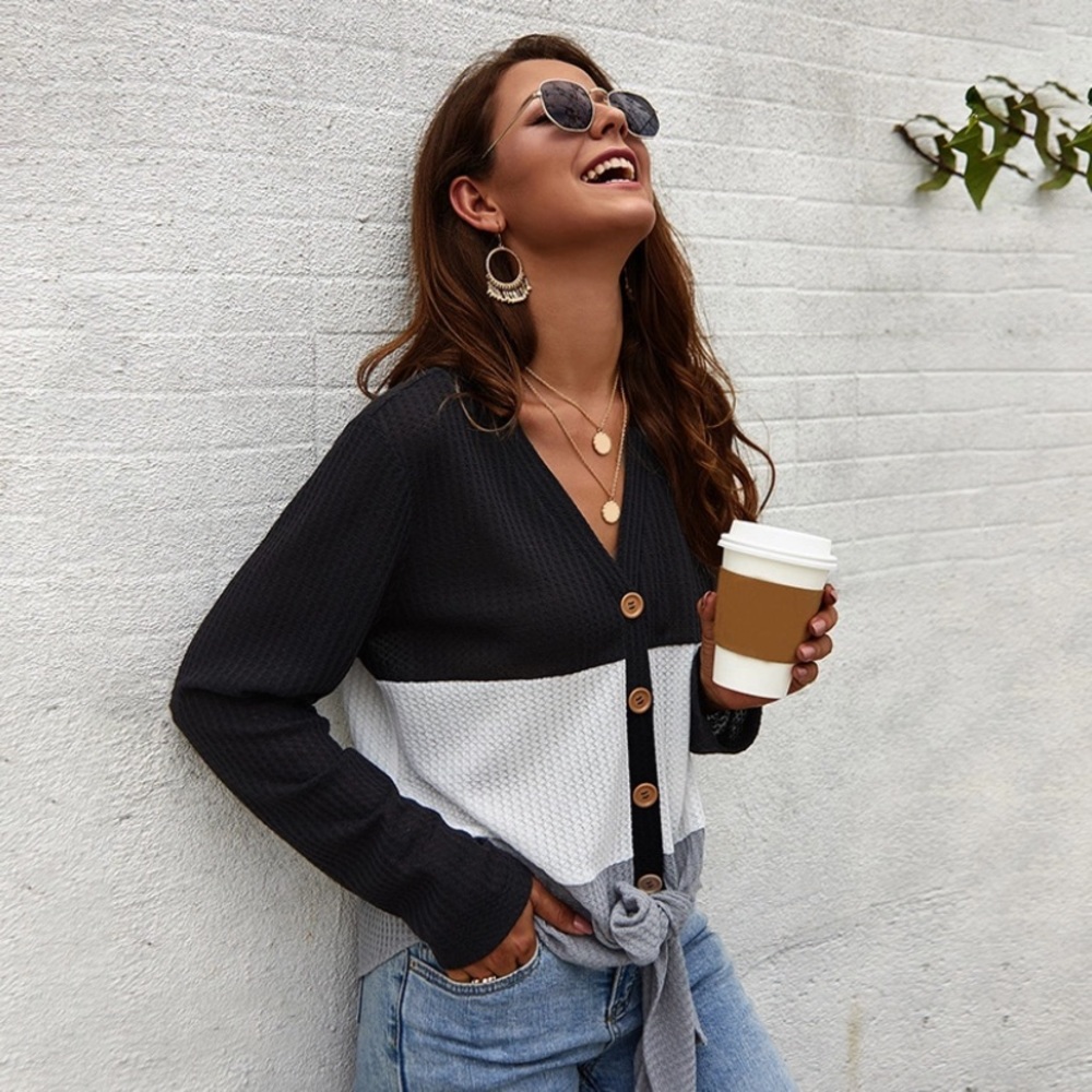 LAST ONE! Boutique Color Block Waffle Black Top